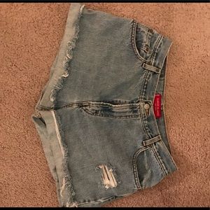 Cut off ripped high rise denim shorts